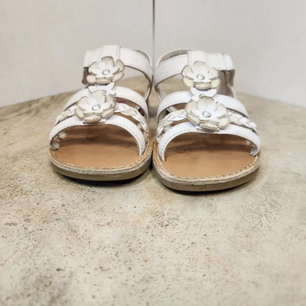 Rachel Shoes Girls US 10M White Strappy Sandals Flower Braided Hook & Loop
